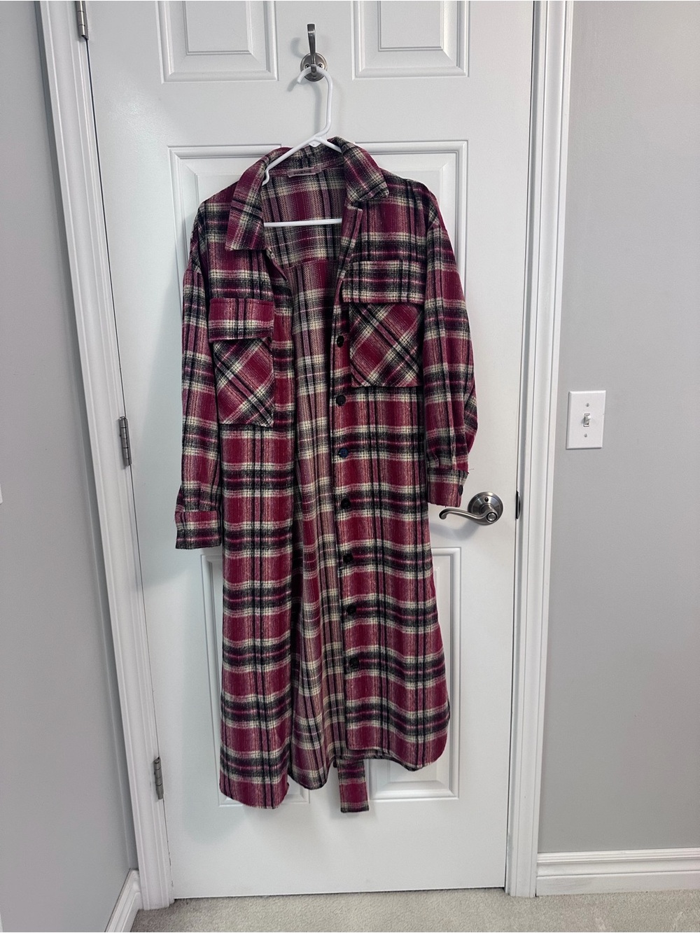 Longline Plaid Trench Coat - Burgundy & Cream